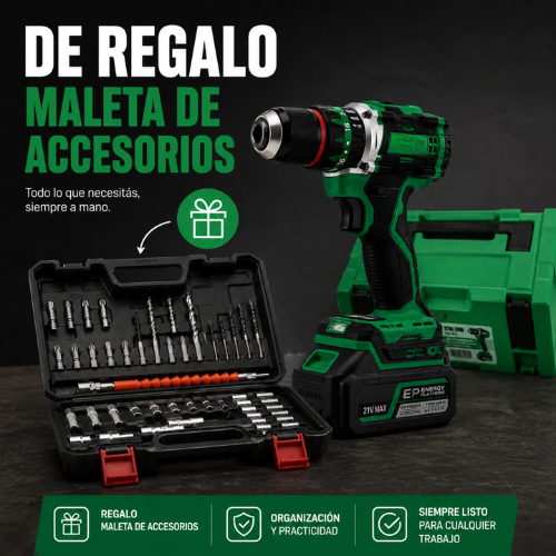 Kit Completo de Taladro y Atornillador Profesional + REGALO: 2 Baterías y Maletín con Accesorios